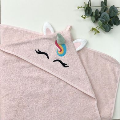 Полотенце с капюшоном для новорожденных розовое Единорог