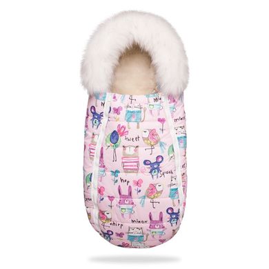 Конверт зимний на овчине в коляску Baby XS ДоРечі Розовый с рисунком с опушкой