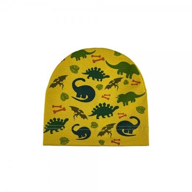 Детская шапка для мальчика горчичная Динозаврики