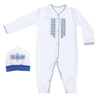 Человечек и шапочка для новорожденных с синей вышивкой