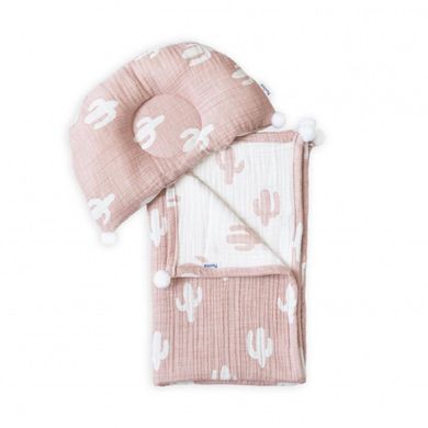 Плед для новорожденных и подушка ортопедическая из муслина цвет розовый
