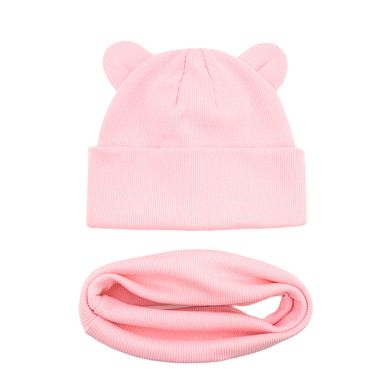 Комплект детская шапка и хомут в рубчик розовый