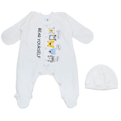 Теплый человечек и шапочка для новорожденных на байке молочный Мишки